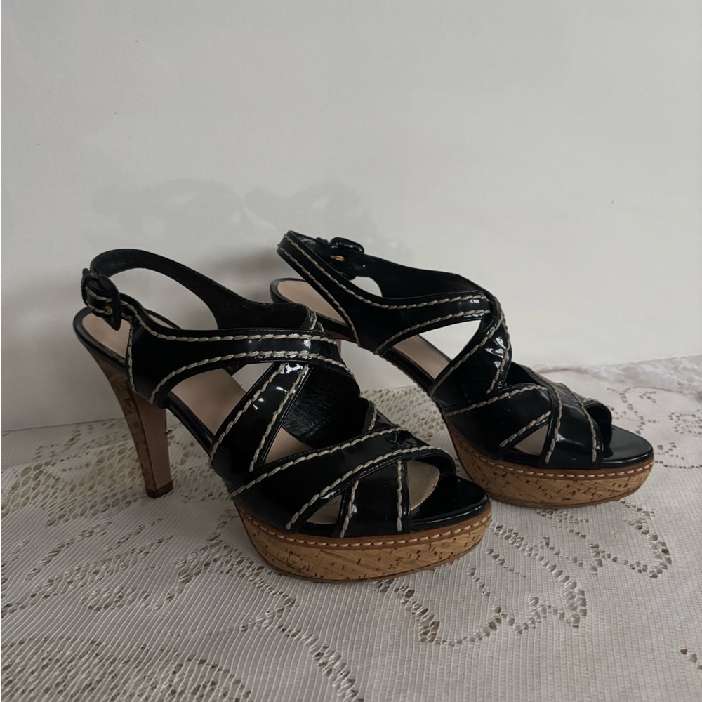 Prada Cork Platform Crisscrosss Sandals Black Leather Size 39.5 Slingback Heels